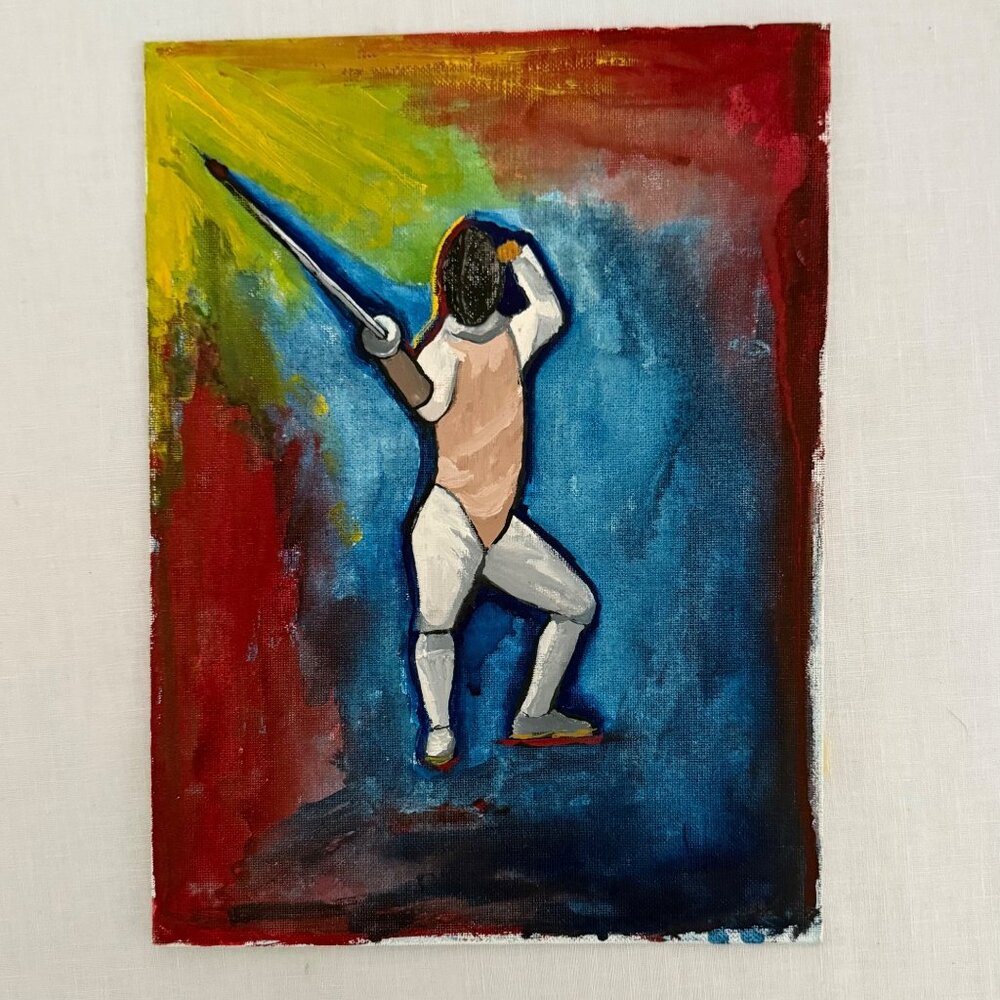 Original 1984 Fencing Painting Kathy Wood Olympic Sport Art Acrylic Canvas 9x12